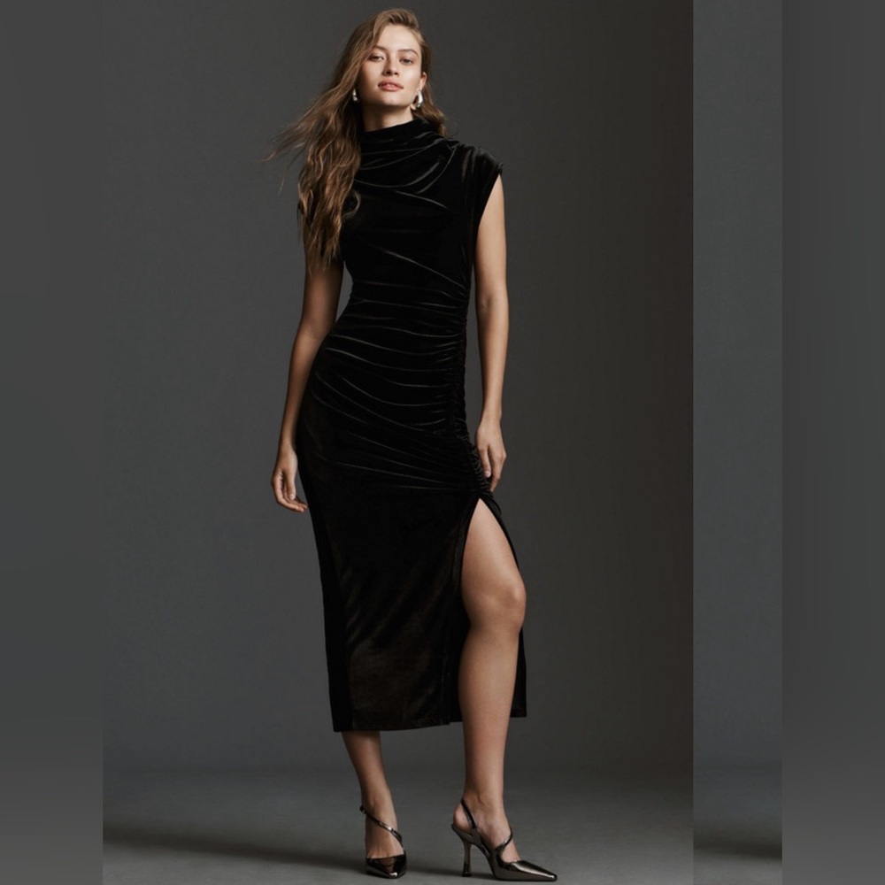 NWT Anthropologie Maya Ruched Cowl- Neck Black Dress